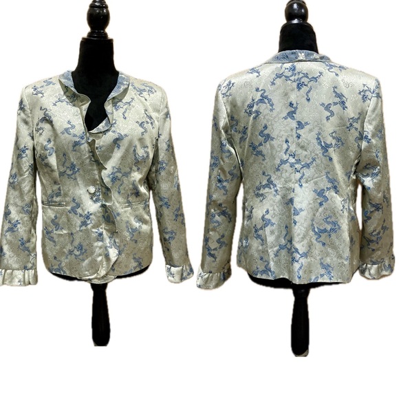 rajah fashions phuket Jackets & Blazers - Women's Dragon & Rose Jacket Ruffle Edges Button Front Y2K Style Light Green